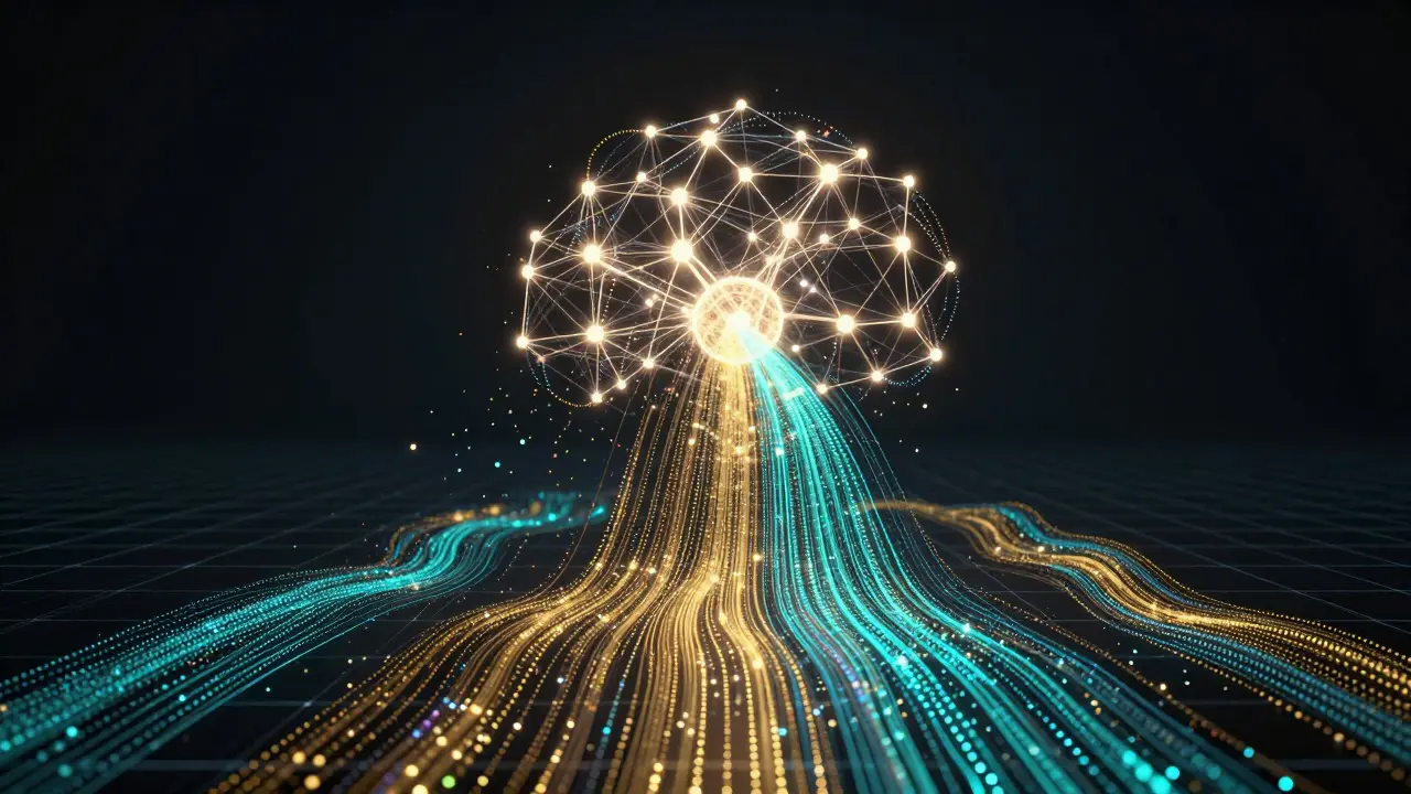 Abstract 3D visualization of neural networks processing data streams