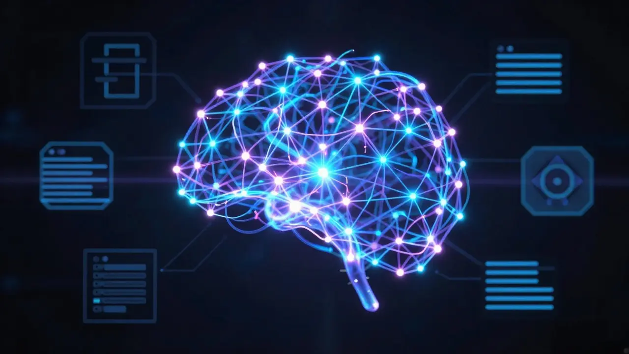 Abstract glowing neural network nodes connected by light beams in a digital space.