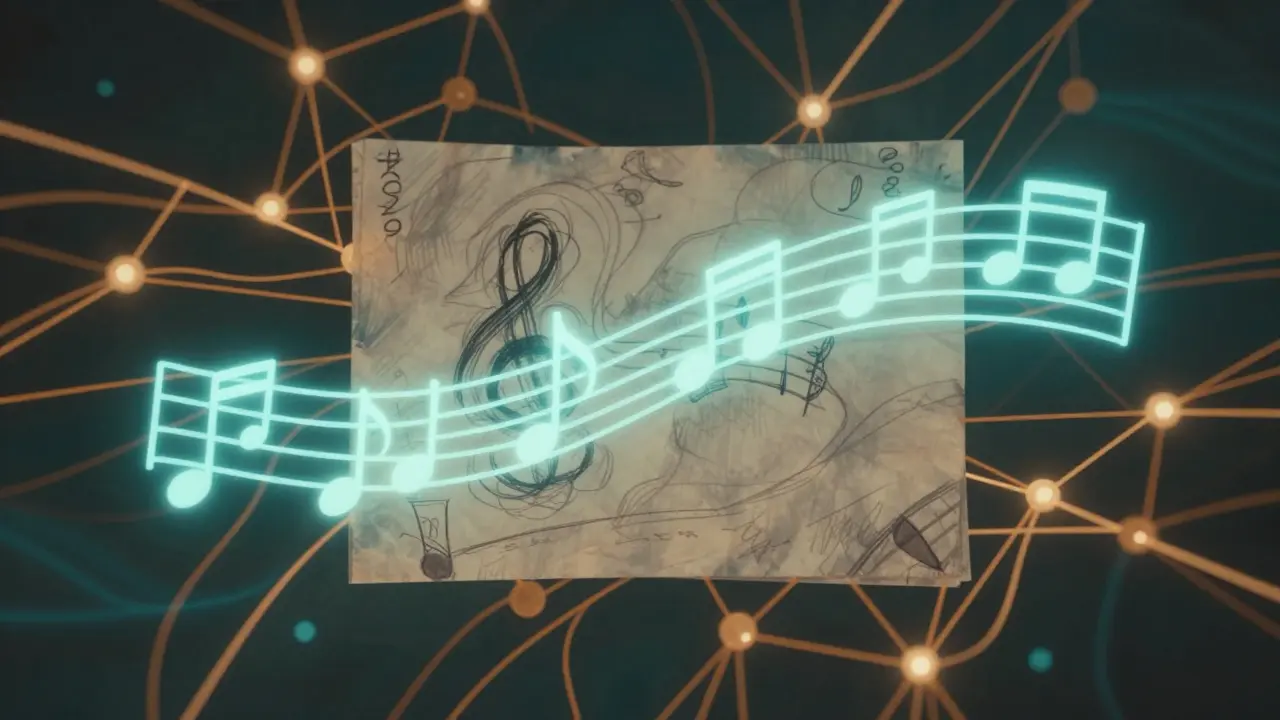 Abstract visualization of AI transforming rough melodies into structured chords.