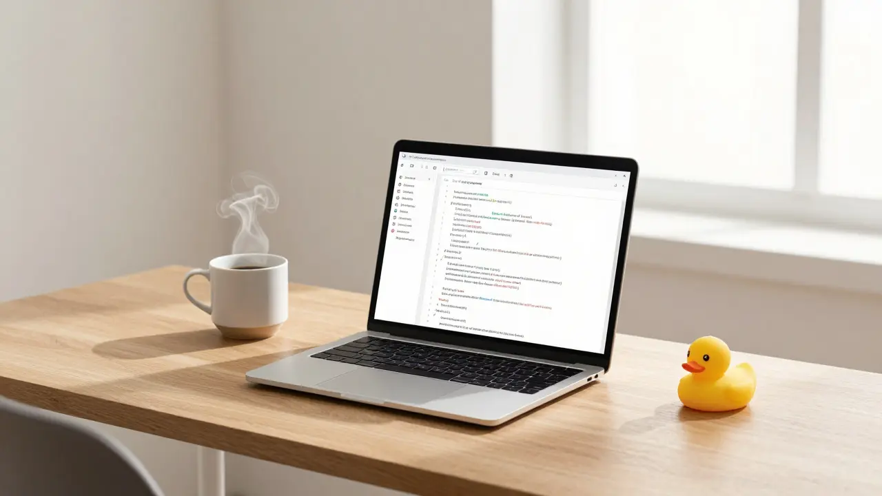 Clean, minimalist workspace with laptop, coffee, and rubber duck