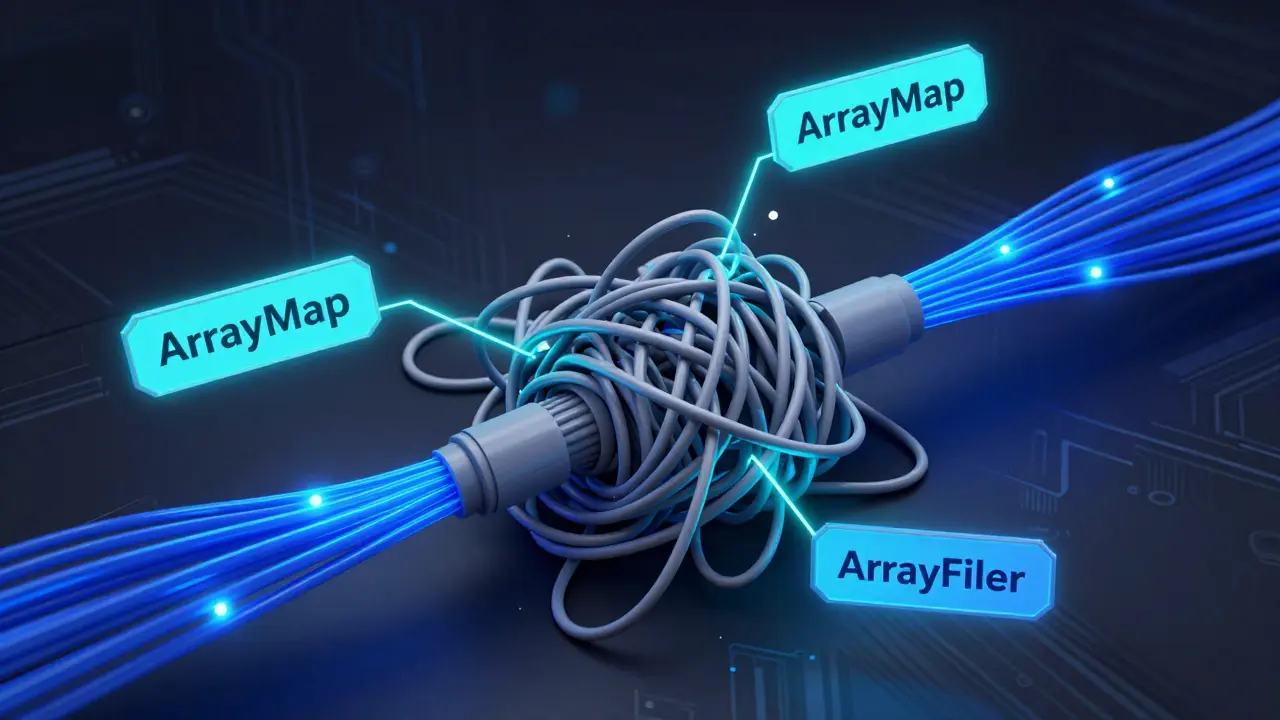 Conceptual art showing messy loops transforming into efficient data streams