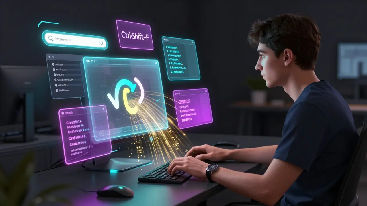 Developer using holographic IDE shortcuts for efficiency