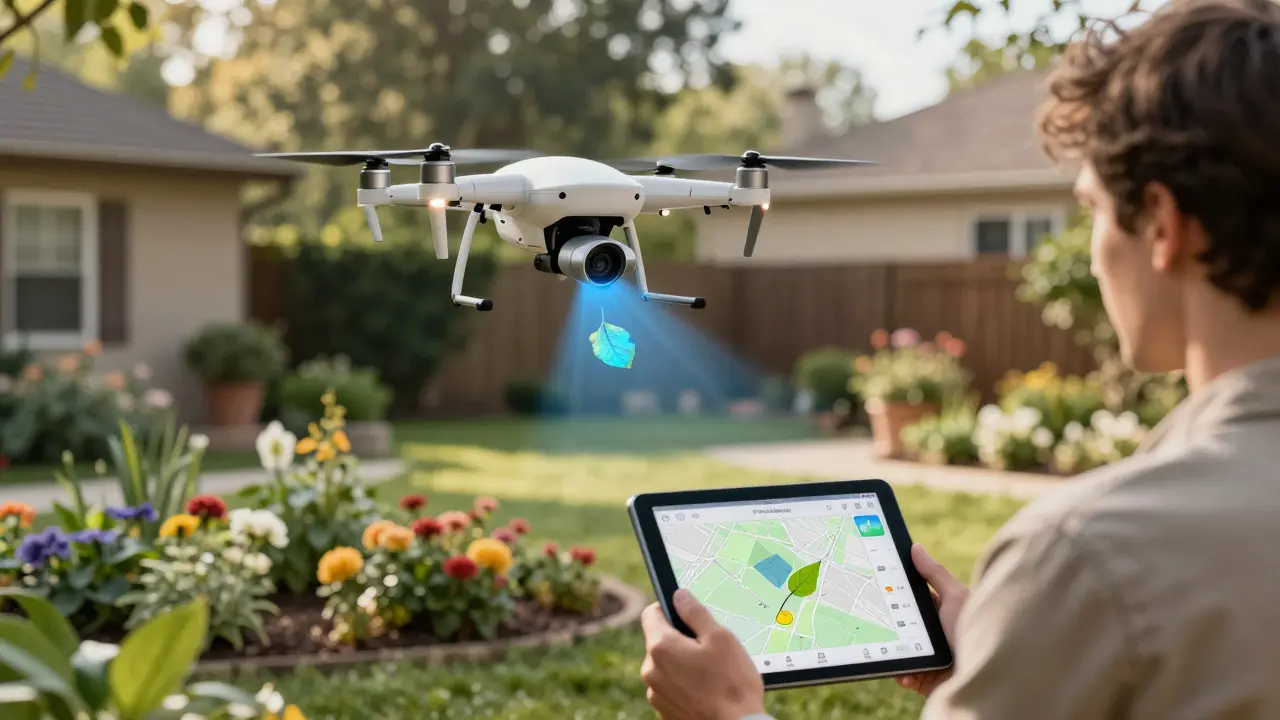 Drone scanning garden leaves for health issues while gardener checks tablet