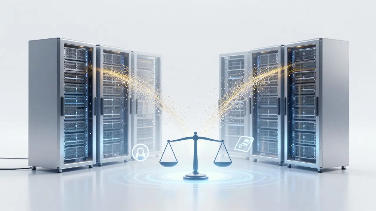 Futuristic cloud server infrastructure with data streams and ethical balance symbols.
