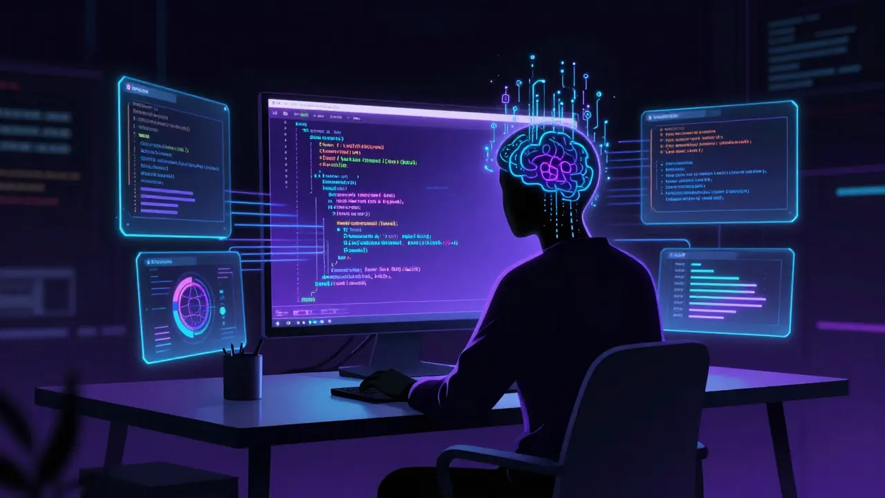 Futuristic visualization of AI-assisted coding and debugging workflow