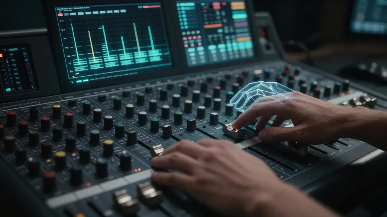 Human and digital hands collaborating on audio mixing controls.