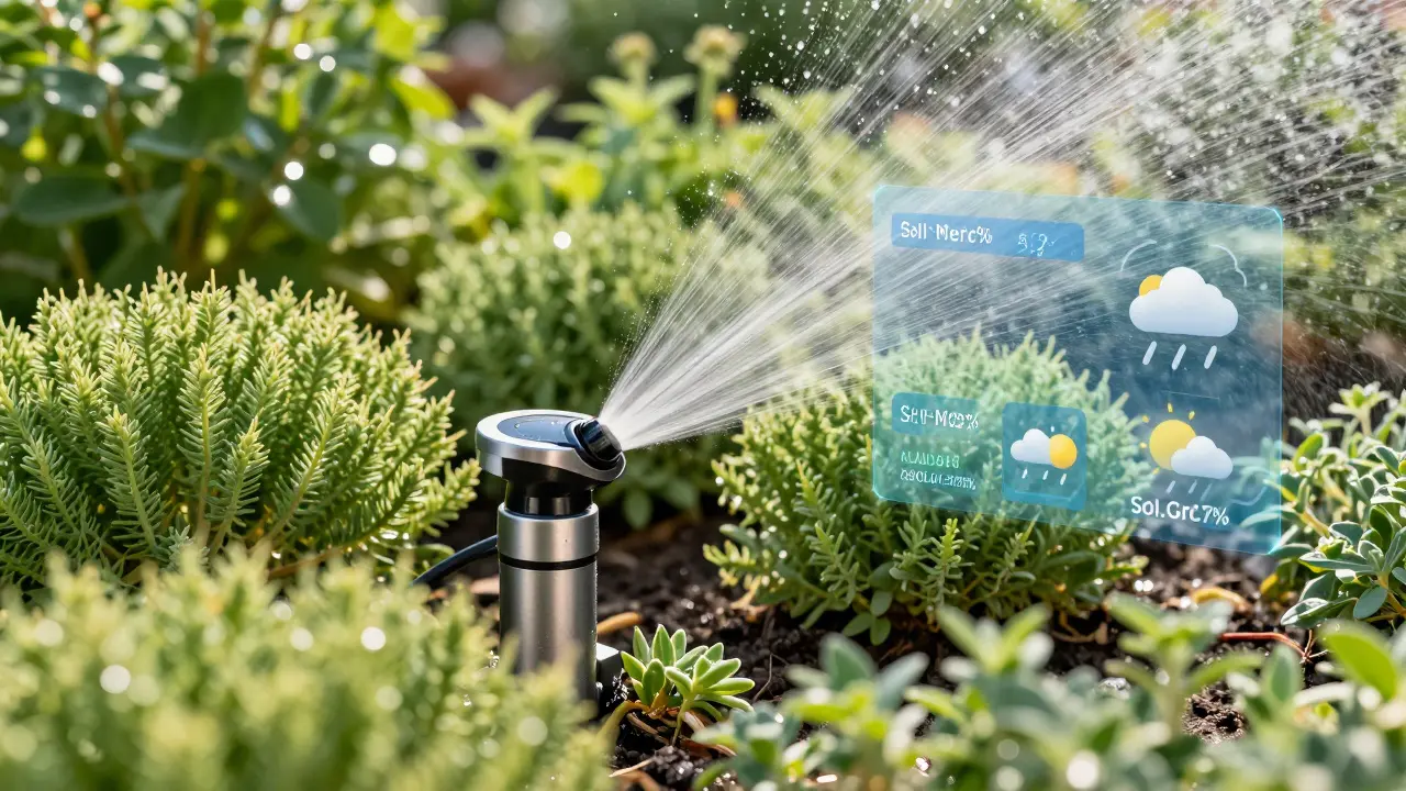 Smart sprinkler watering plants with AR data overlays for moisture