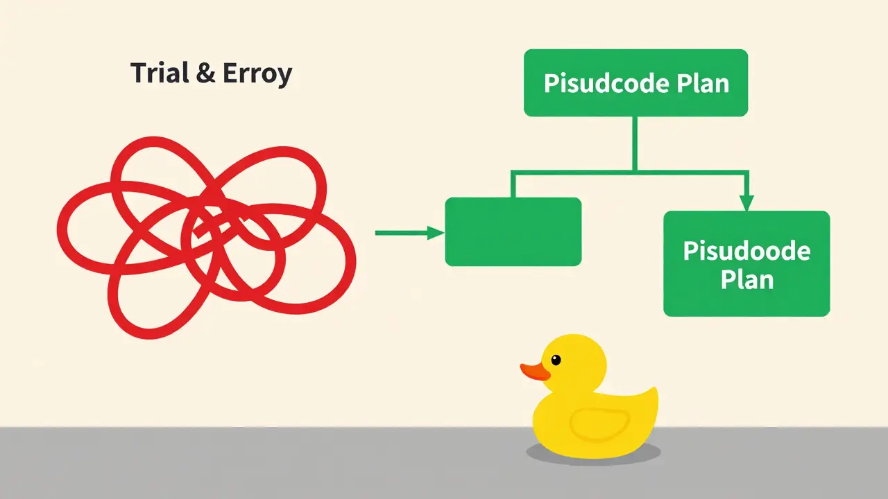 Visual metaphor comparing chaotic coding vs planned pseudocode