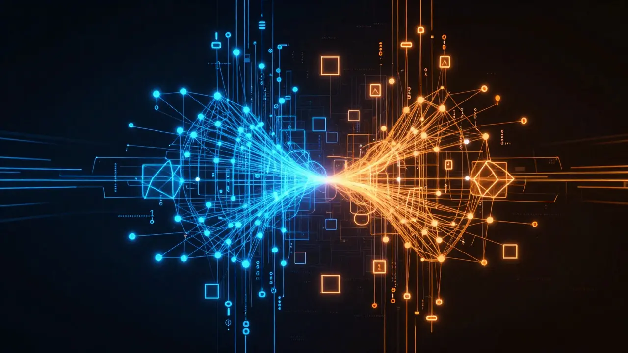 Abstract 3D network visualization showing systematic isolation of bugs using binary search.