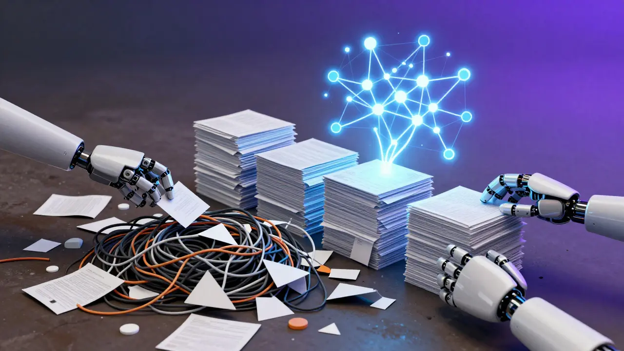 Abstract art showing messy data turning into neural networks