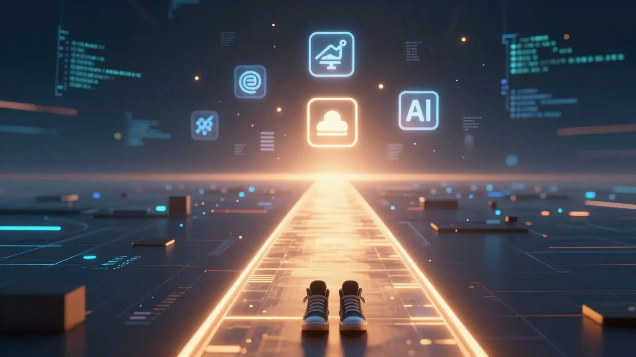 Abstract digital path with coding icons symbolizing the journey to mastery