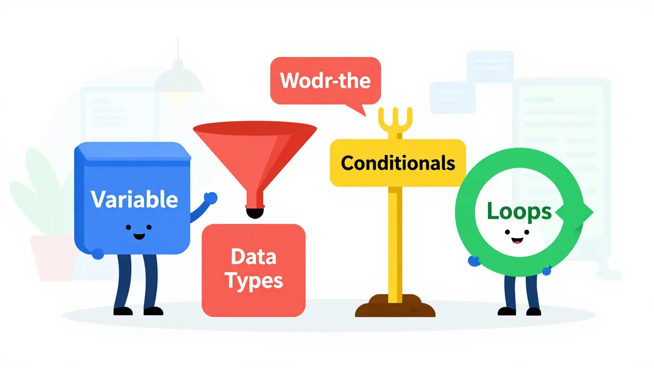 Colorful icons representing variables, loops, and logic