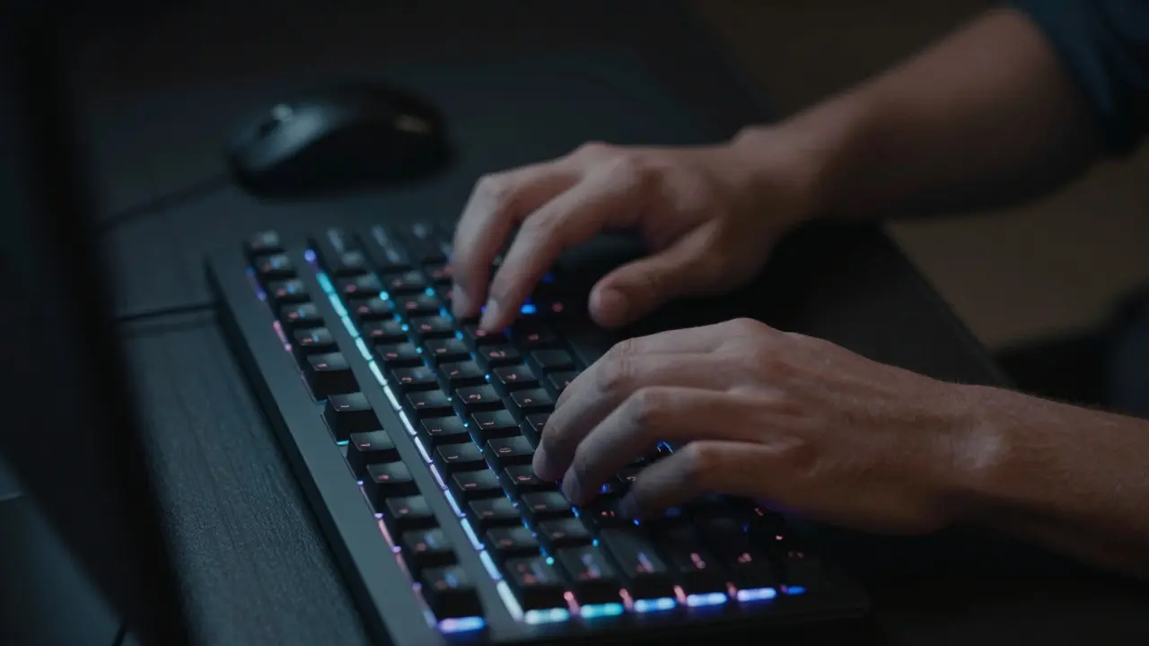 Hands typing fast on a mechanical keyboard in low light
