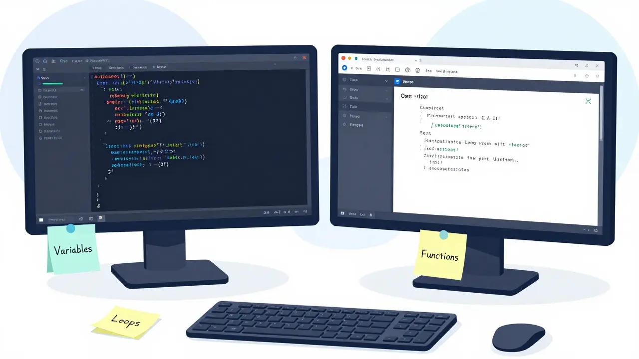 Modern desk setup with VS Code and handwritten coding concept notes