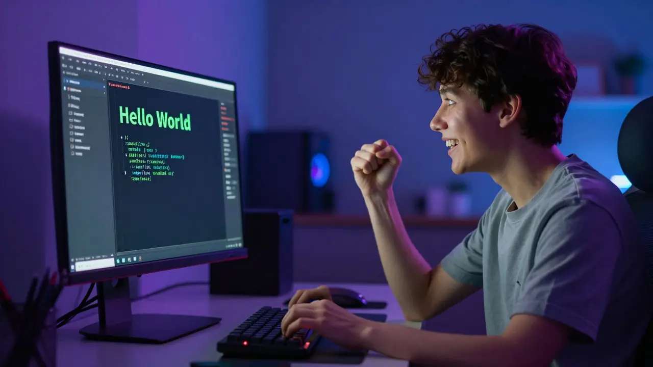 Person celebrating success while coding on a computer