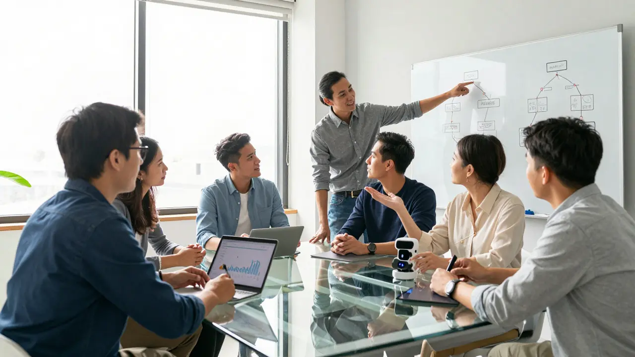 Team collaborating on AI project plans in a modern office