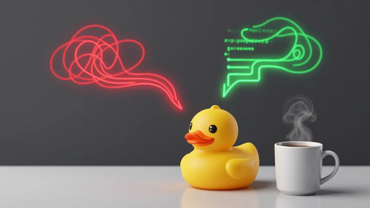 Yellow rubber duck on a desk with abstract glowing code streams turning from chaos to order.