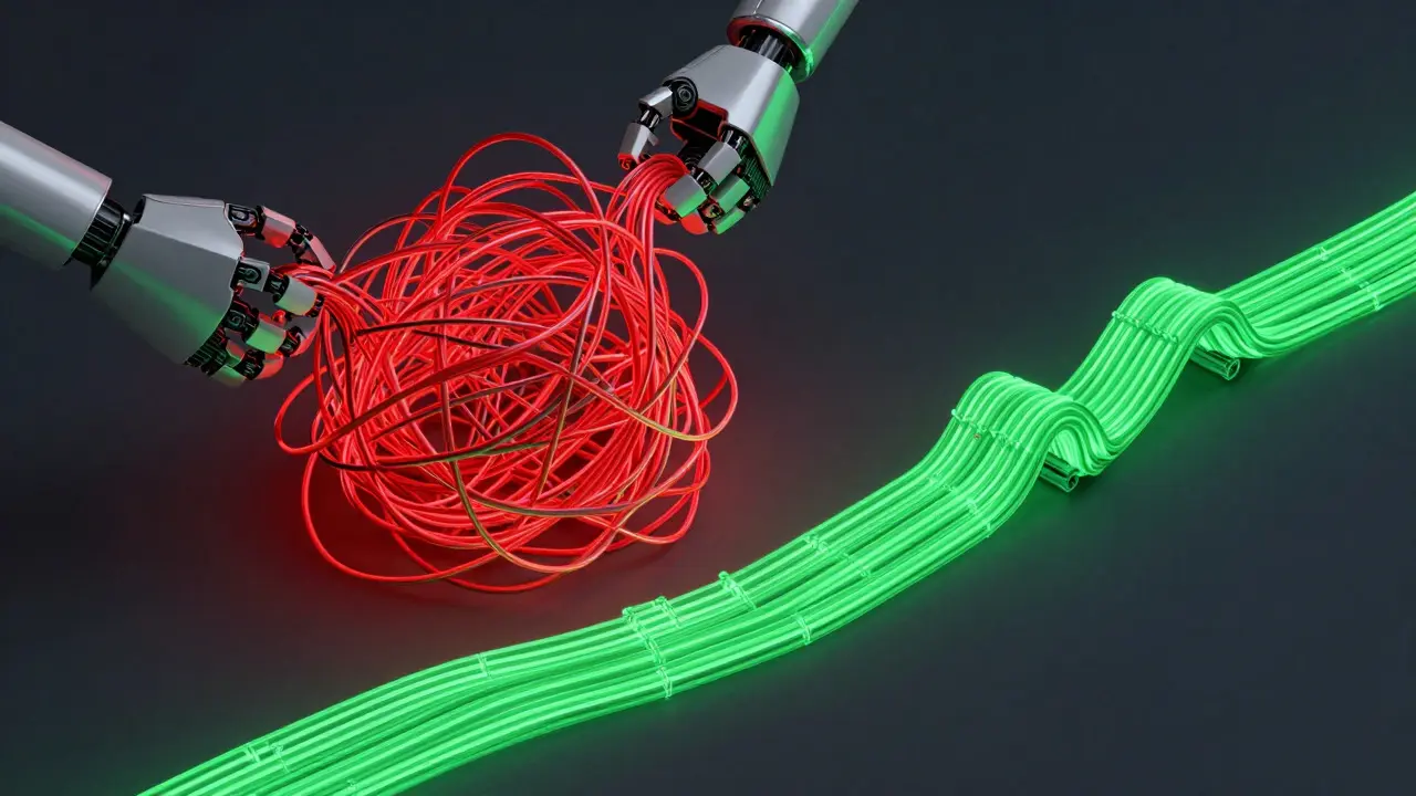 Abstract art showing chaotic red wires being organized into neat green bundles