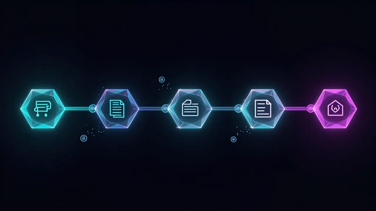 Abstract visualization of an automated AI workflow pipeline with glowing nodes
