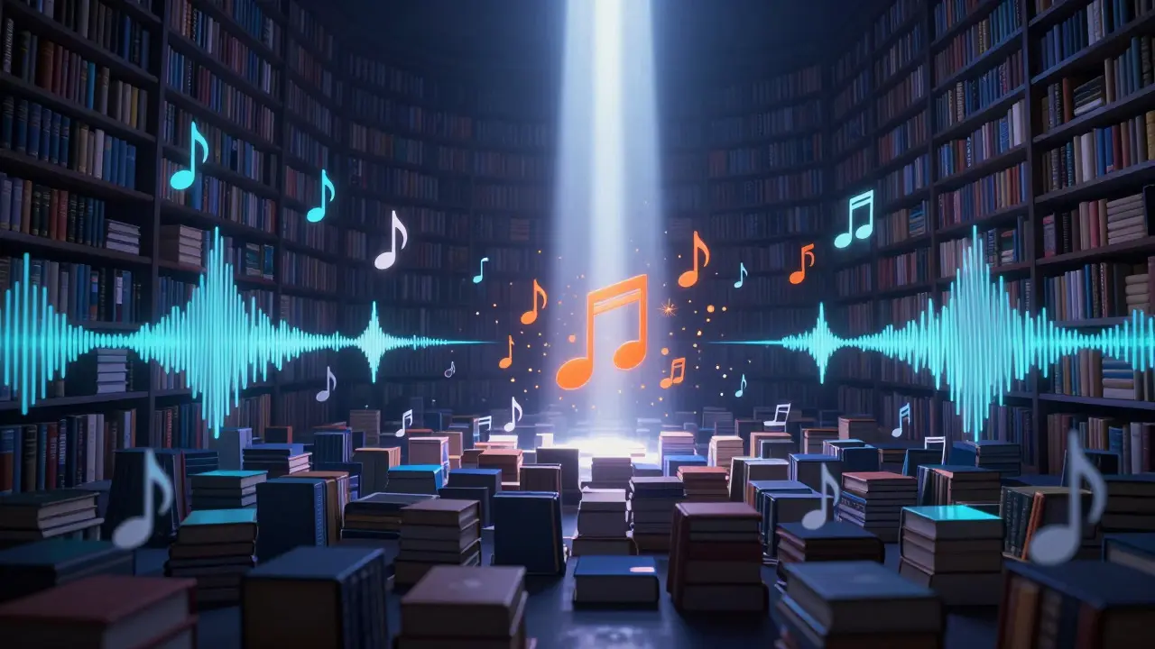 Abstract visualization of an infinite library of glowing musical notes being curated by light