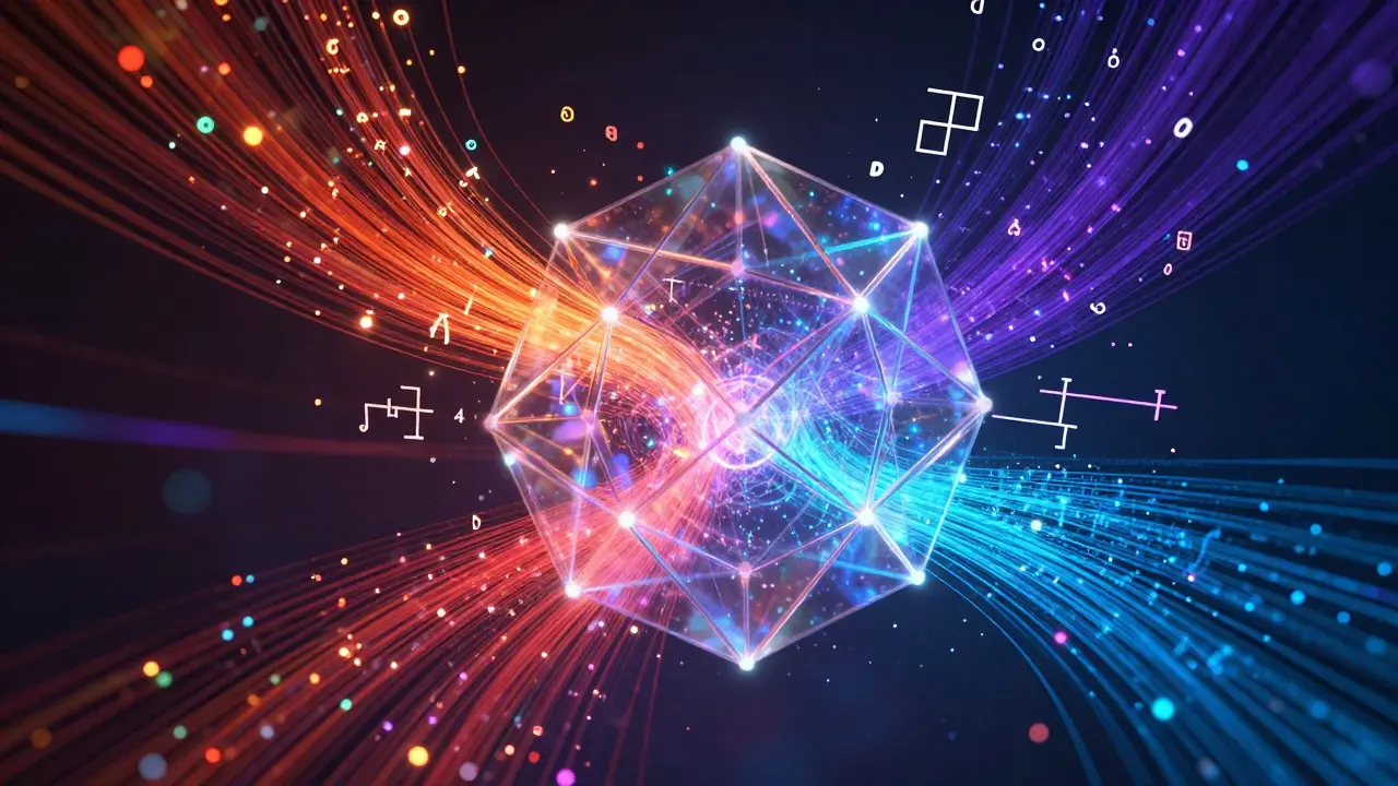 Abstract visualization of data flowing through a neural network structure