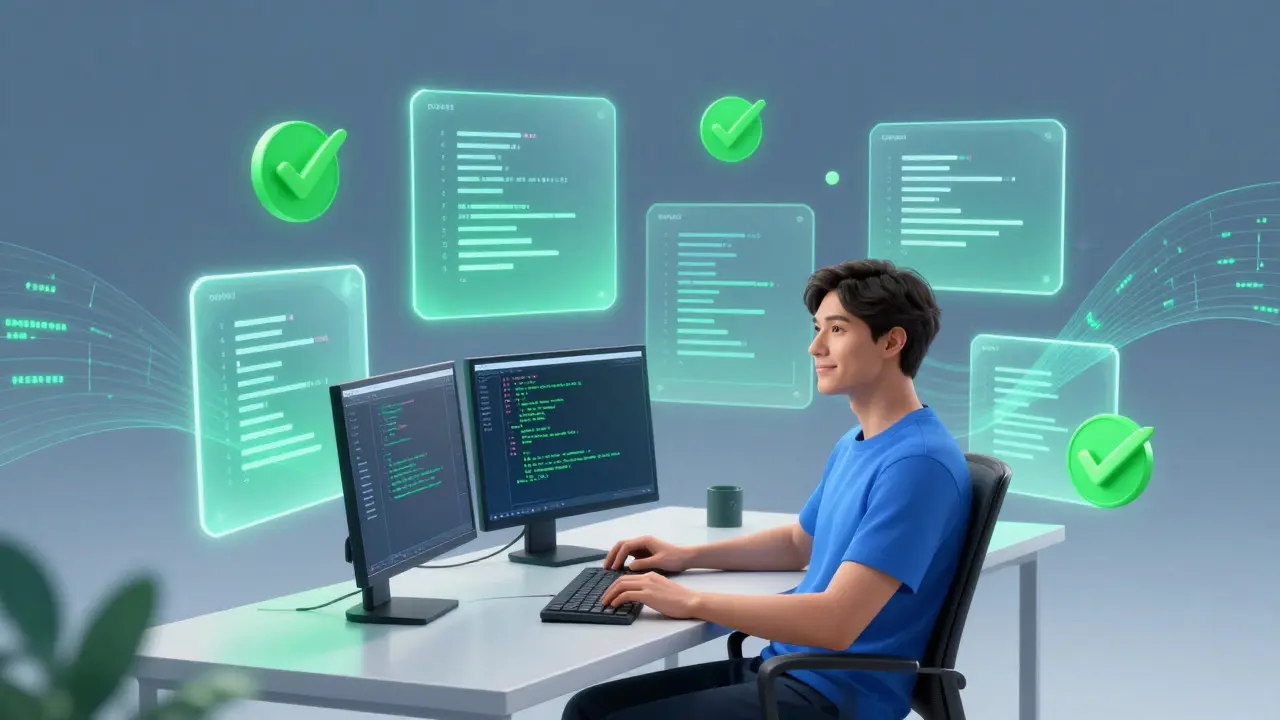 Abstract visualization of efficient coding with AI tools and passing tests.