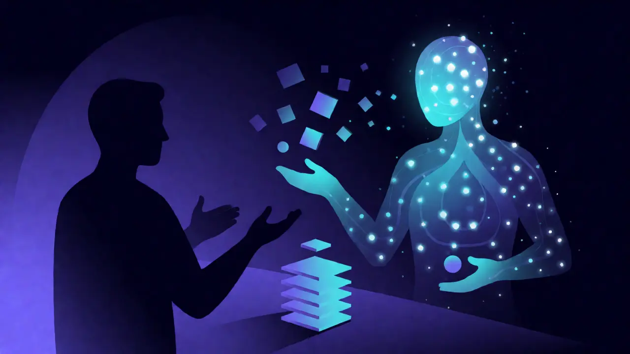 Abstract visualization of human-AI collaboration refining ideas into structure