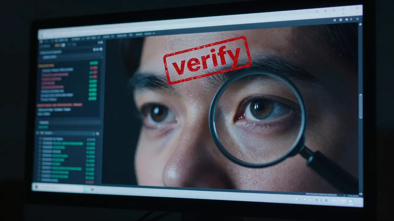 Close up of eyes reflecting screen data, symbolizing AI fact checking