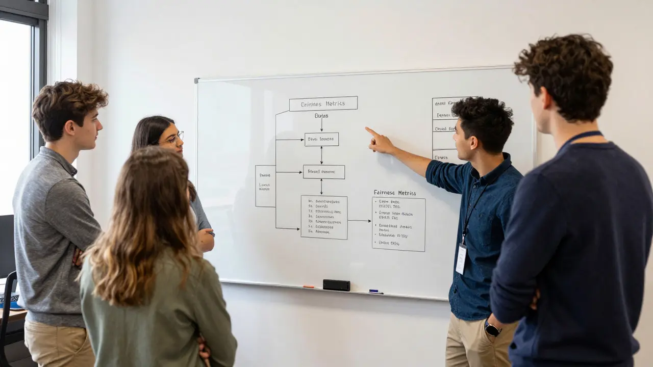 Developers discussing AI ethics and machine learning diagrams on a whiteboard