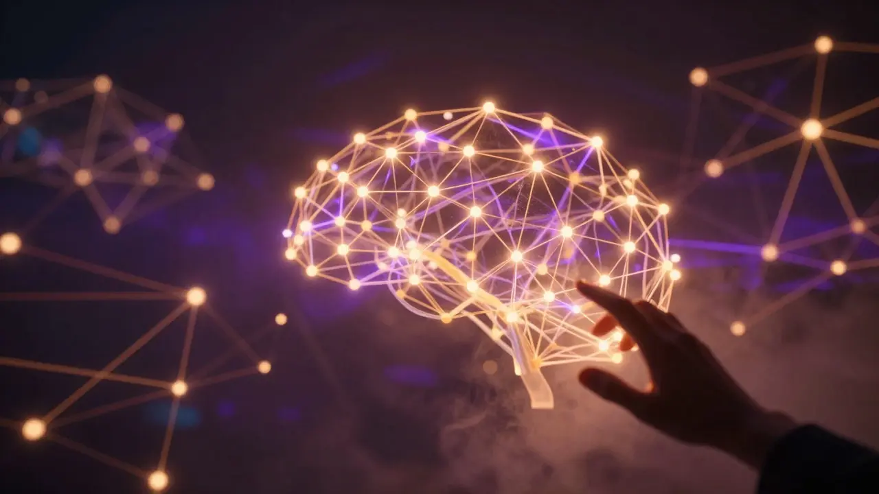 Glowing neural network web with a human hand reaching out
