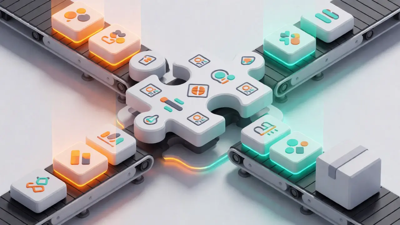 Isometric view of a complex task broken into sequential modular steps