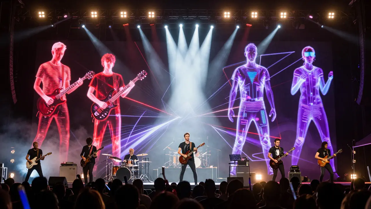 Live concert featuring real musicians alongside reactive AI-generated holographic band members