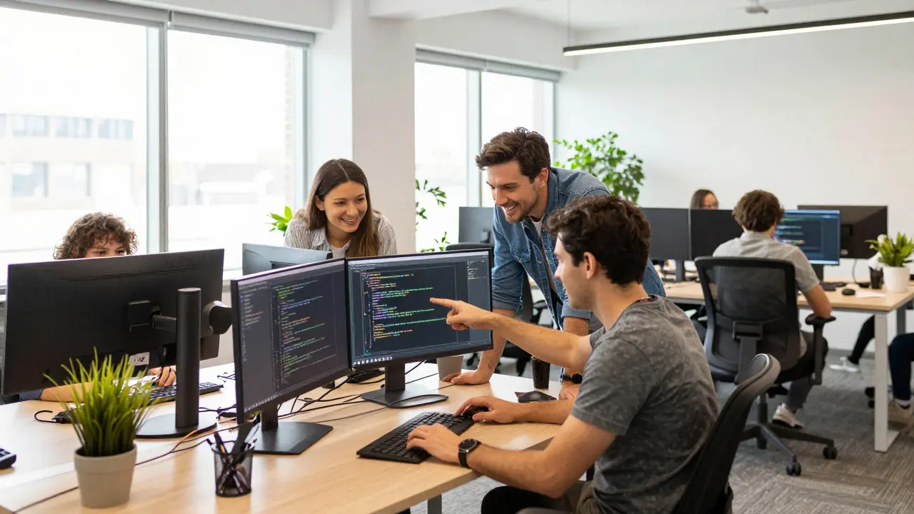 Two developers collaborating closely on code in a bright, modern workspace.