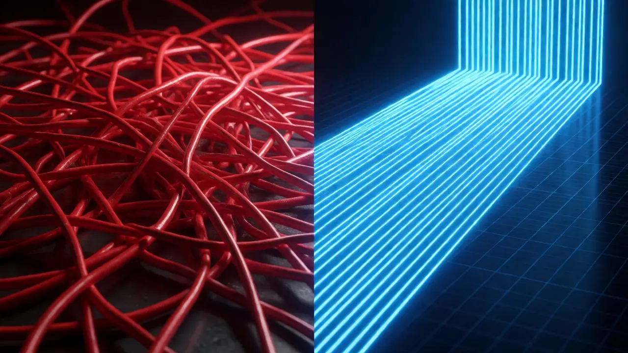 Visual comparison of tangled legacy code logic versus clean, linear modern code structures