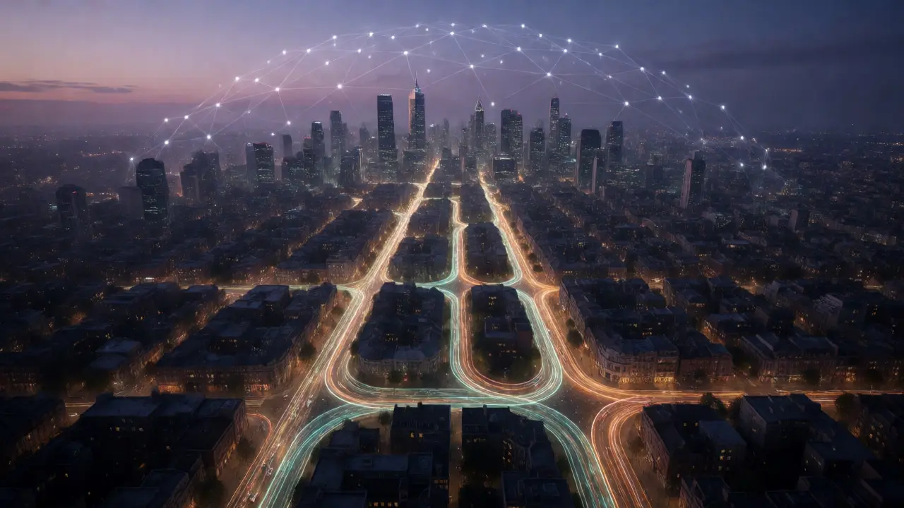 Futuristic cityscape with adaptive intelligent traffic systems at dusk
