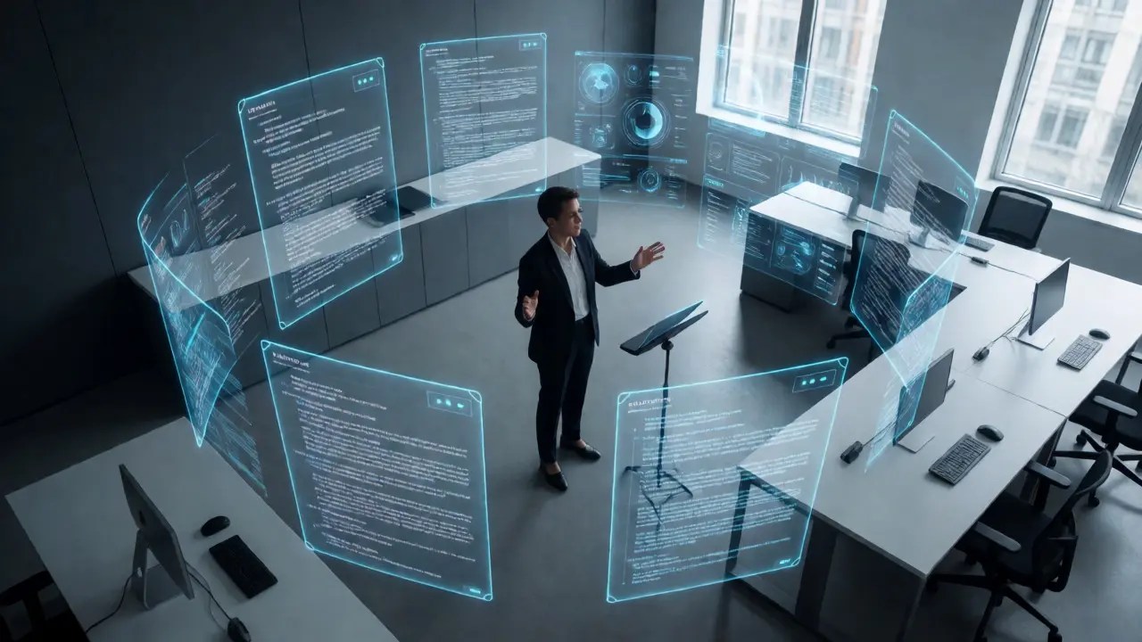 Professional orchestrating complex digital workflows in a modern office